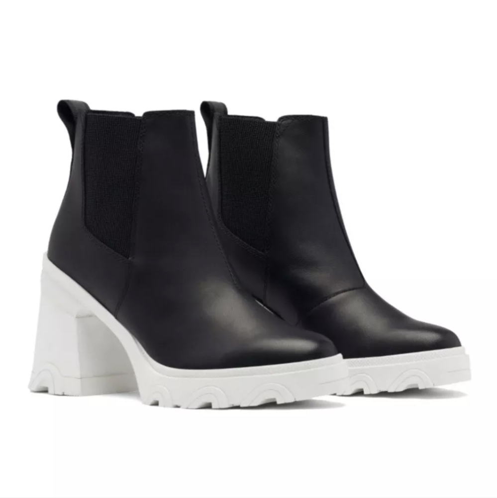 NWT Sorel Brex Waterproof Platform Heeled Chelsea Boots Black/White Size 5.5